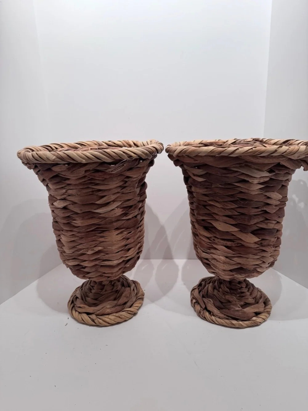 Vintage Pair Woven Wicker Urn Style Pedestal Vases